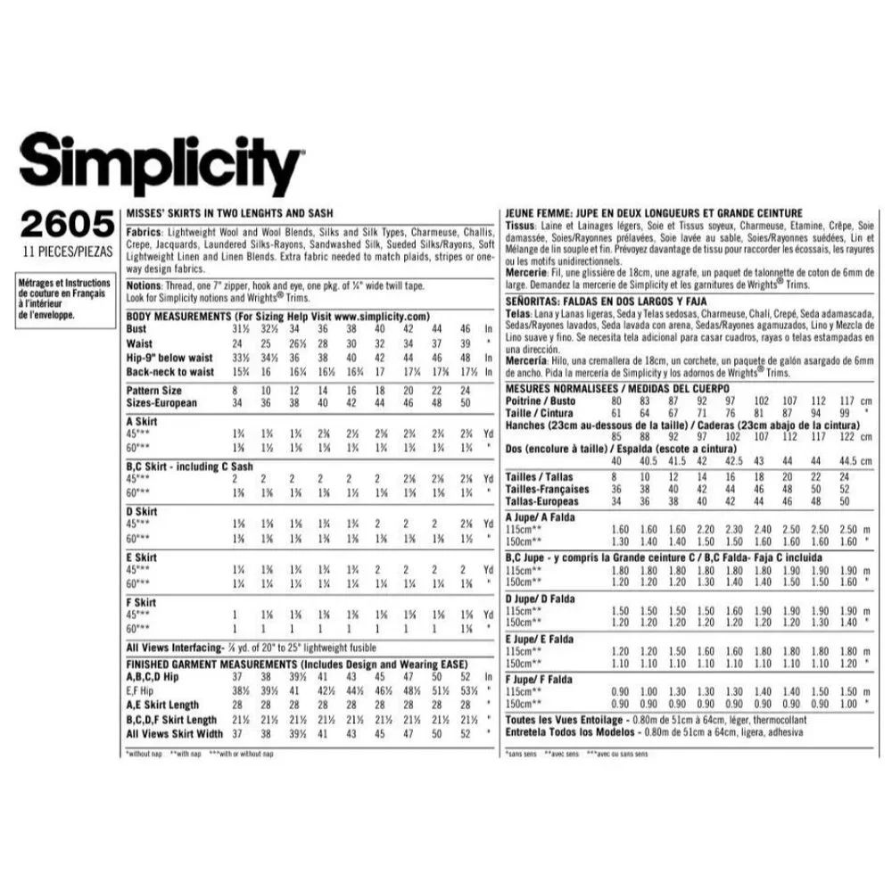 Simplicity Sewing Pattern 2605 Skirt Sash Misses‎ Size 8-16